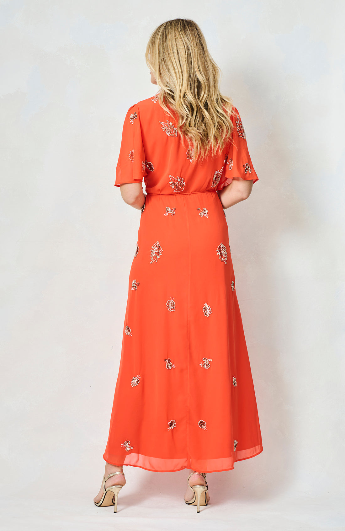 The Alana Embellished Flutter Sleeve Maxi Wrap Dress (Orange)