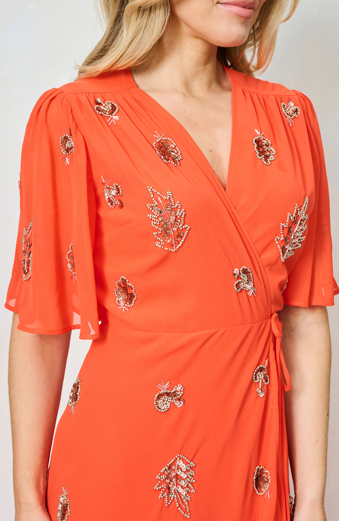 The Alana Embellished Flutter Sleeve Maxi Wrap Dress (Orange)