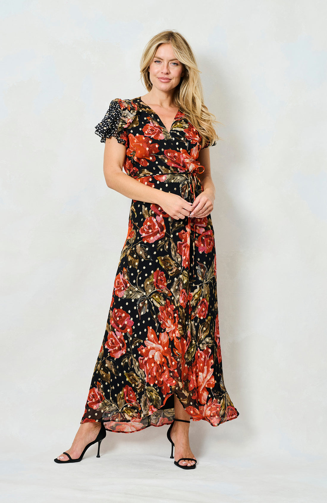 Ffion Frill Sleeve Wrap Dress (Black/Red)