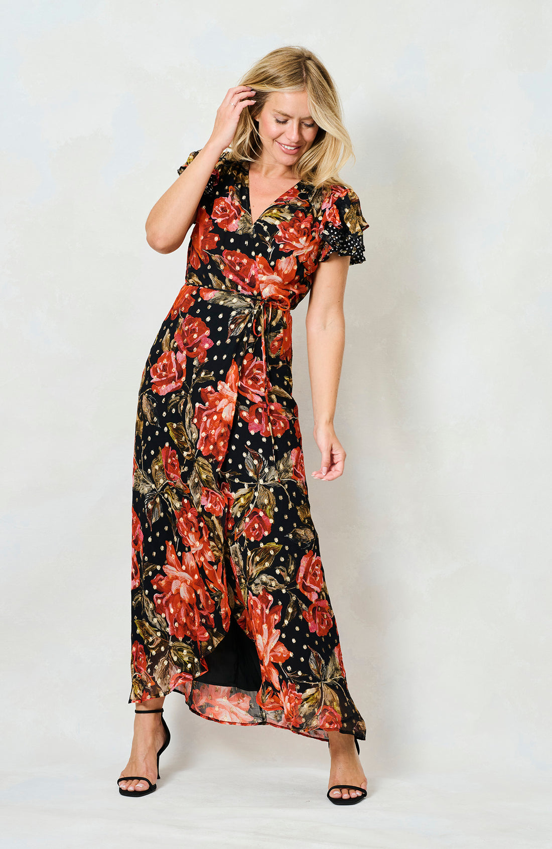 Ffion Frill Sleeve Wrap Dress (Black/Red)