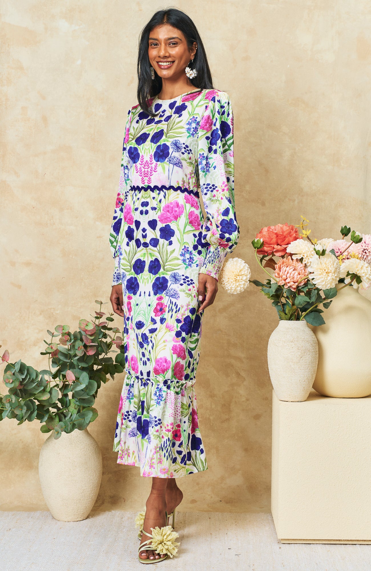 The Caroline High Neck Maxi Dress (White Multi)