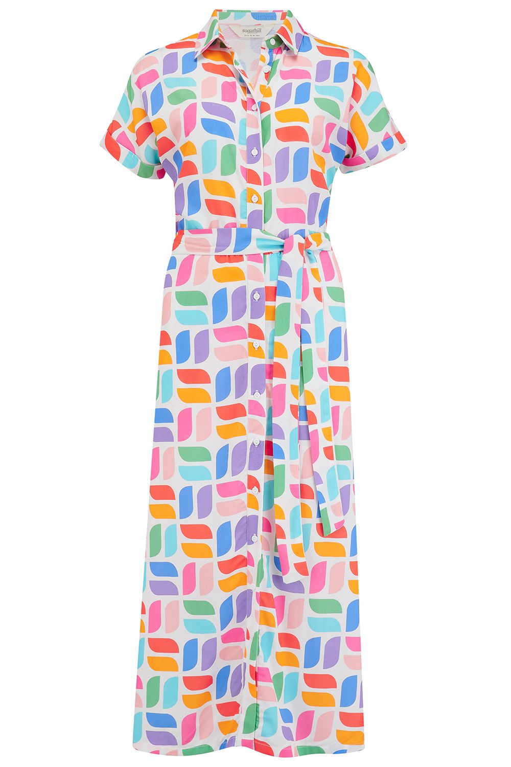 Leigh Midi Shirt Dress (Off-White, Curved Geometric)