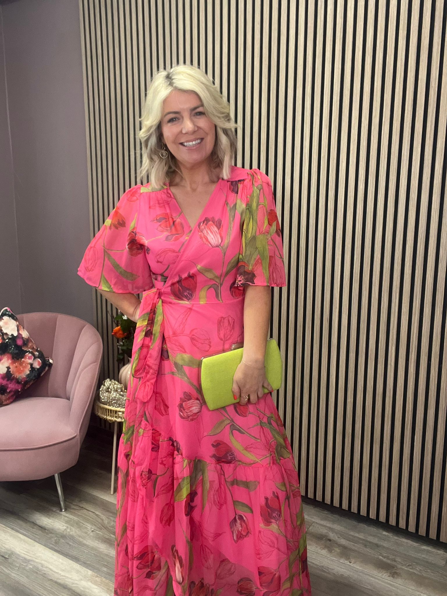 THE HARMONY FLUTTER SLEEVE MAXI WRAP DRESS (PINK FLORAL)