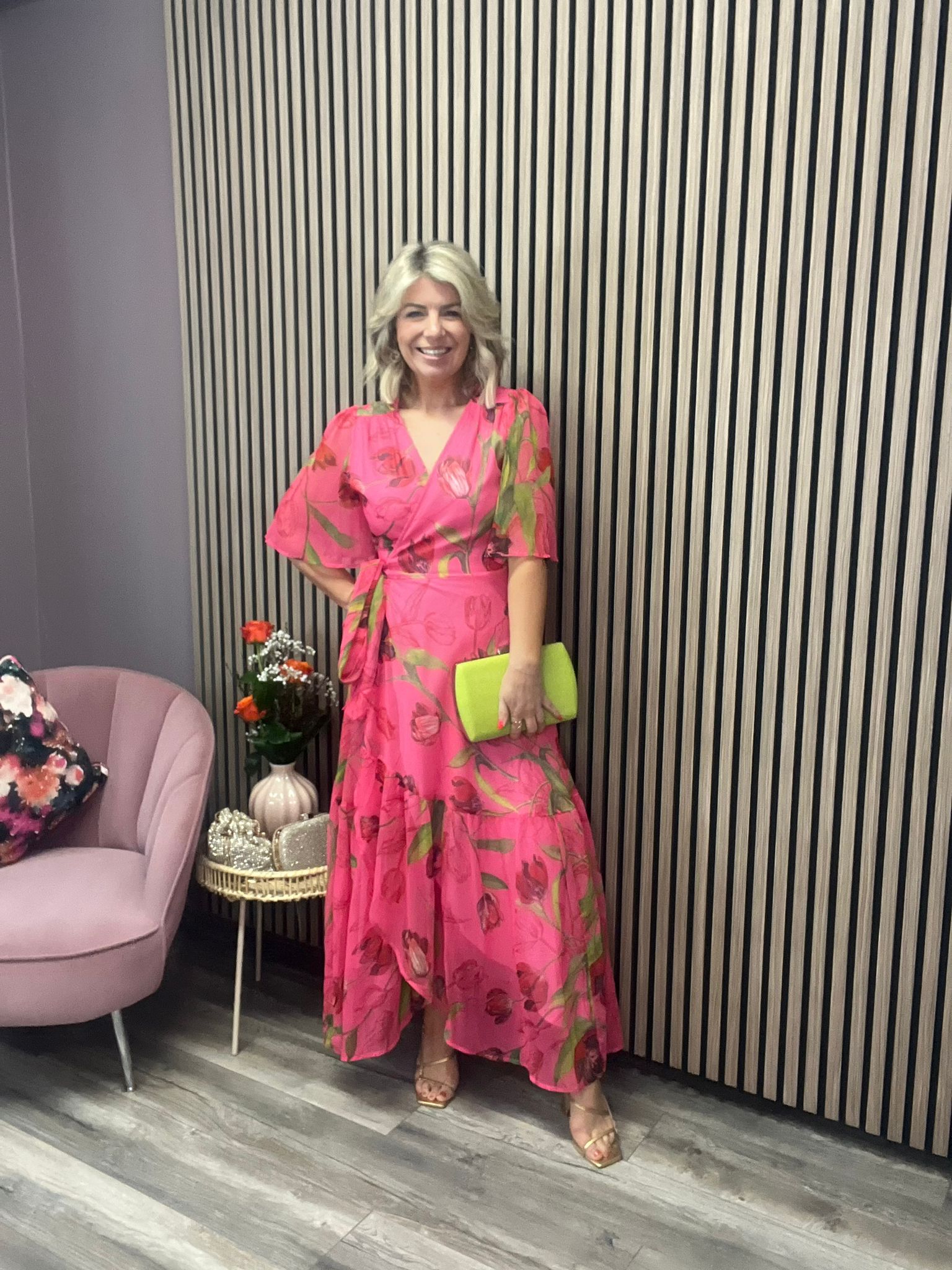 THE HARMONY FLUTTER SLEEVE MAXI WRAP DRESS (PINK FLORAL)