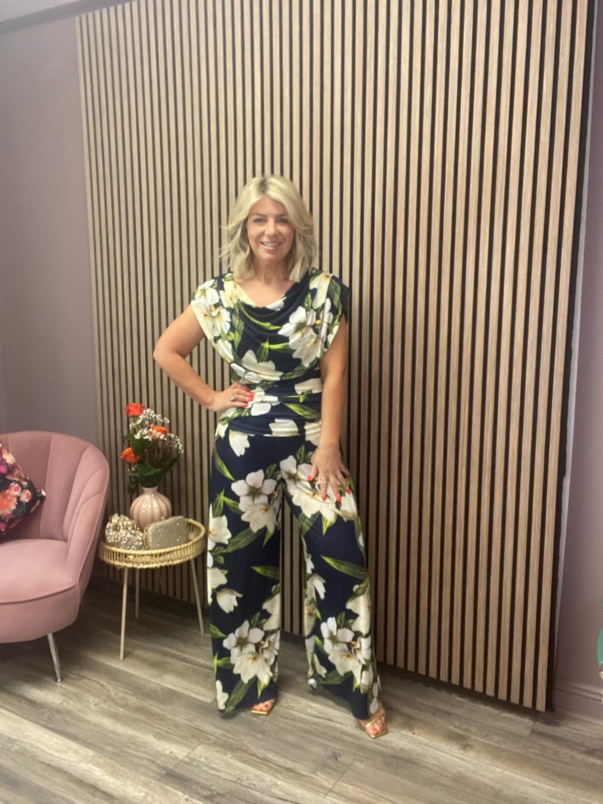 CARBON JERSEY JUMPSUIT (NAVY/LILY PRINT)