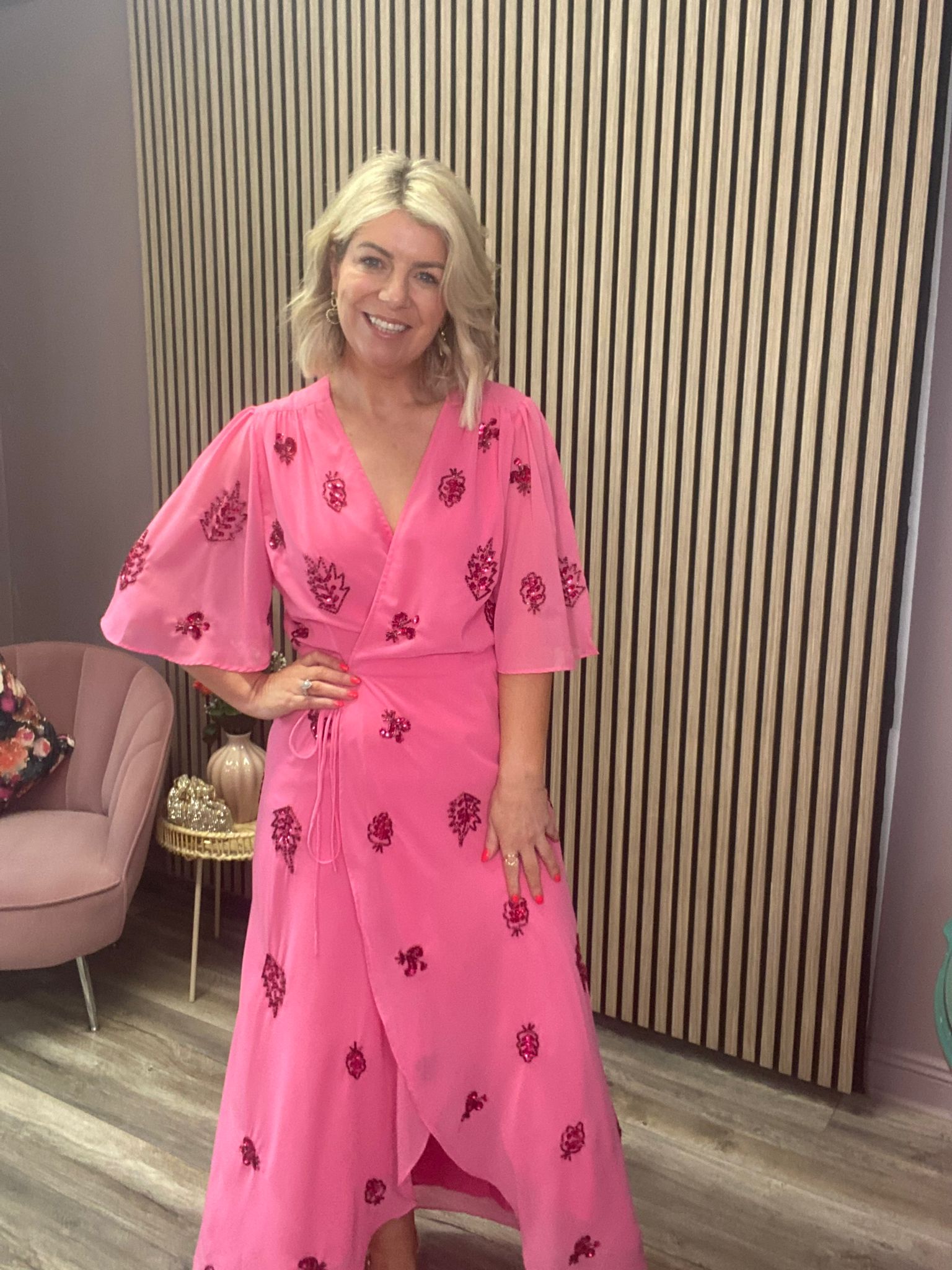 THE HEBE EMBELLISHED WRAP DRESS WITH TIE WAIST AND FLUTTER SLEEVE (PINK/RED) CURVE