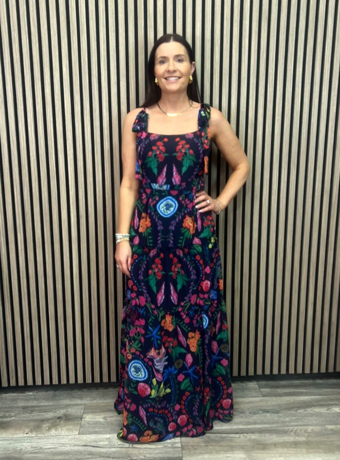 The Lucia Tie Sleeve Maxi Dress (Navy/ Multi)