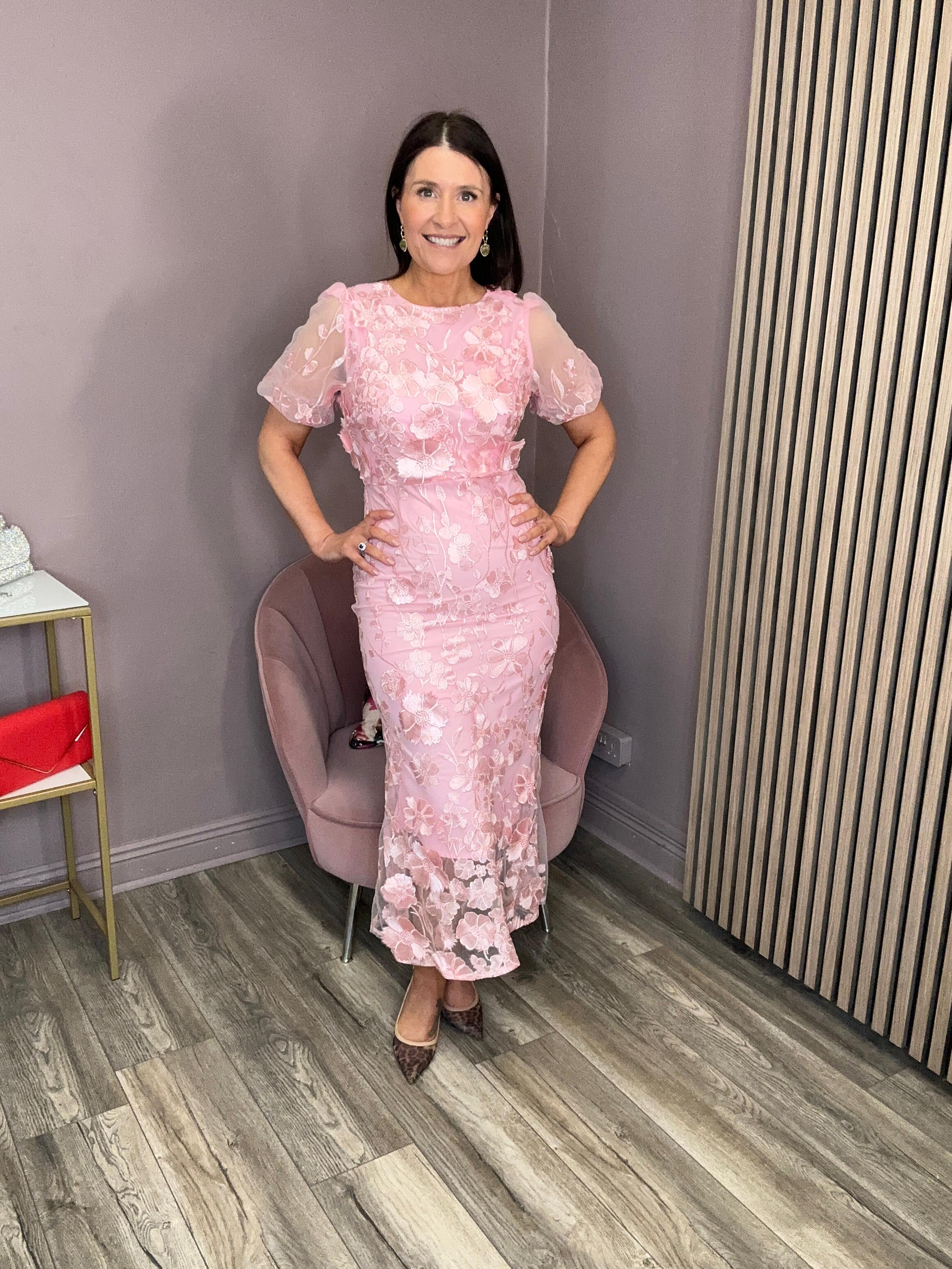 Lisa Flower Midi Dress (Rose Pink)