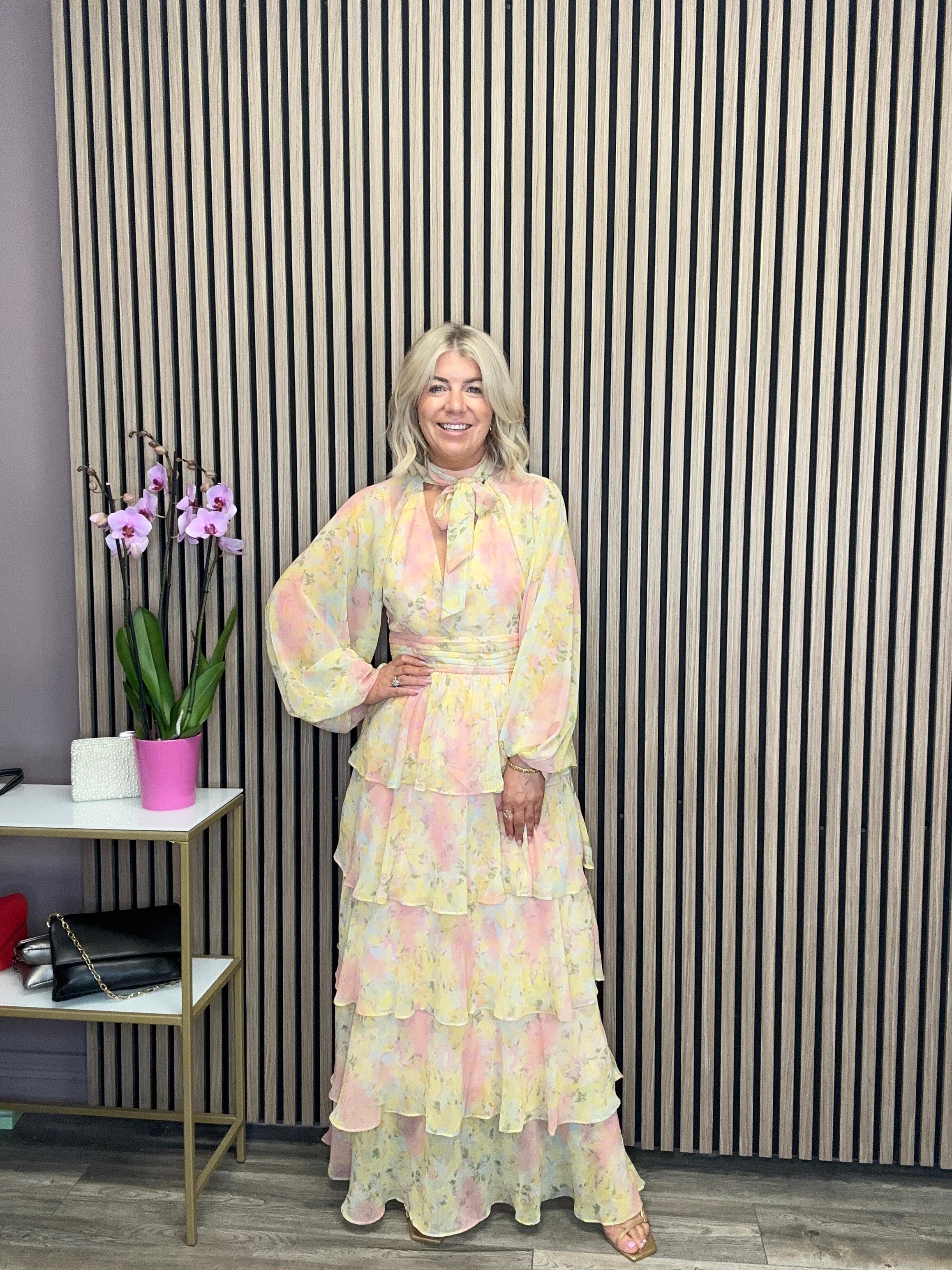 Anya Ruffle Maxi Dress (Pastel Floral)