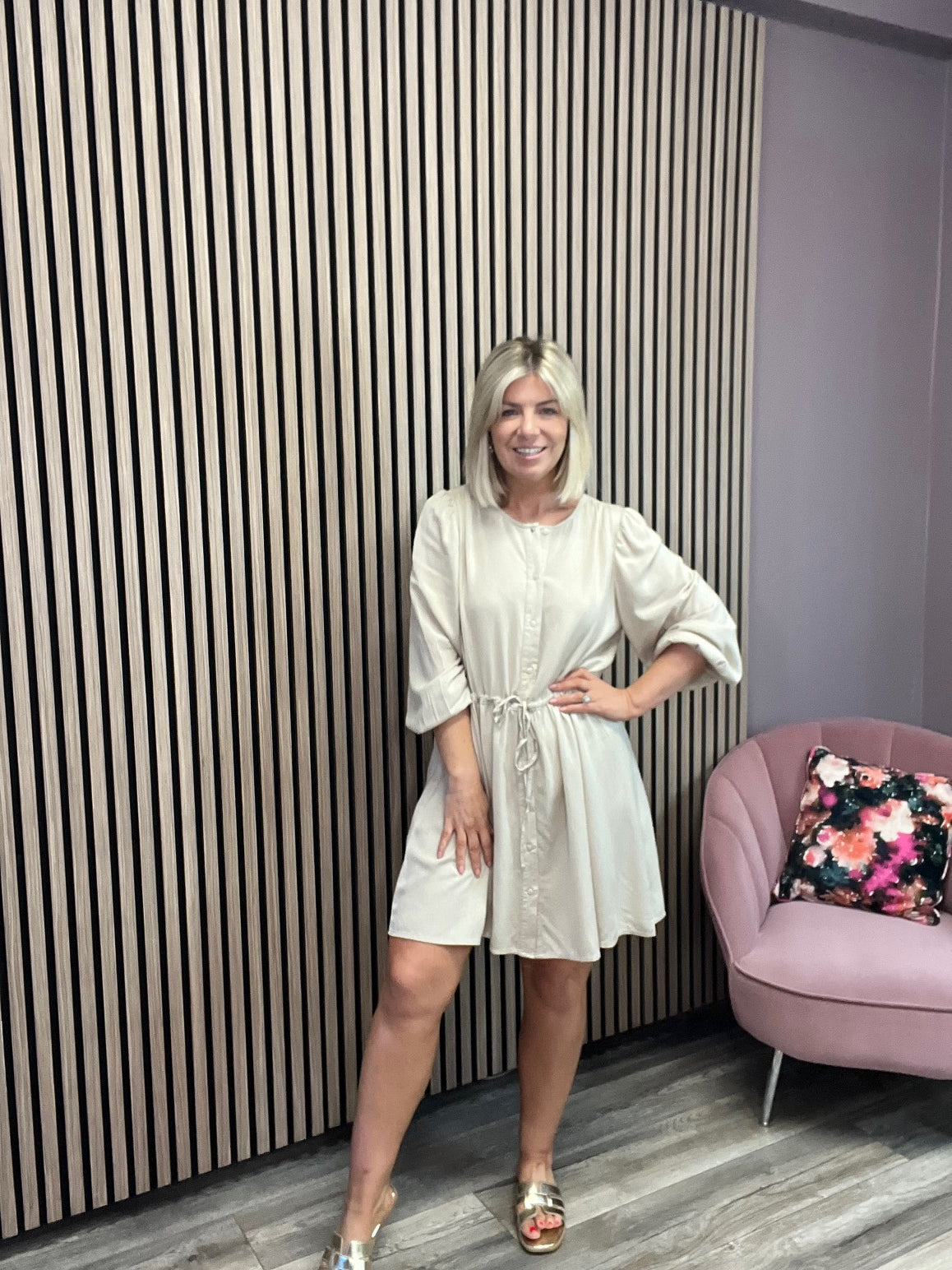 Pricilla O-Neck 7/8 Dress (Beige)