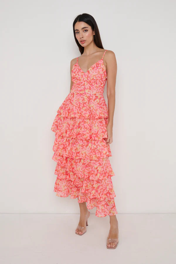 LISSY RUFFLE MIDAXI DRESS (ORANGE/PINK)