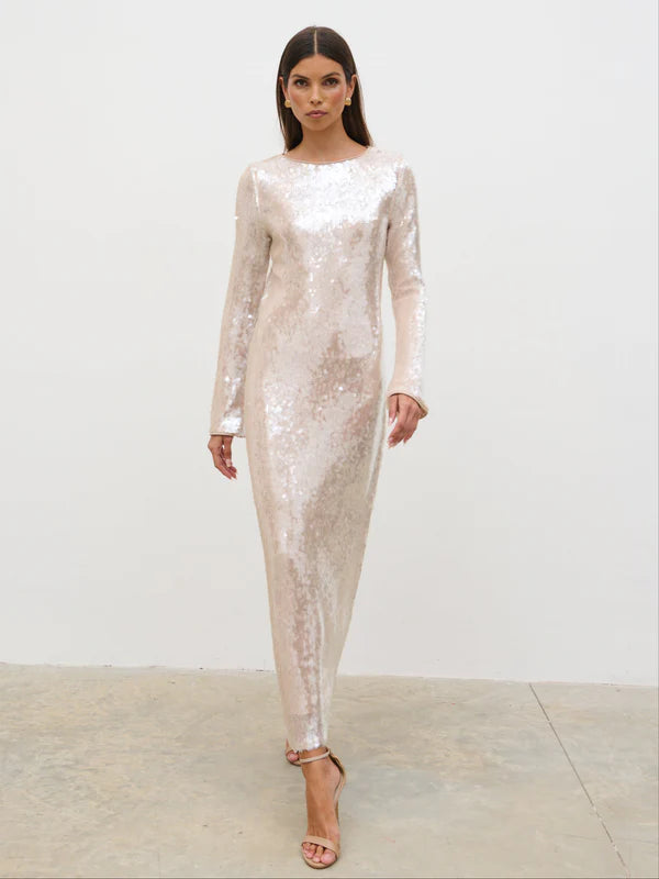 Lyra Long Sleeve Sequin Midaxi Dress (Oyster)
