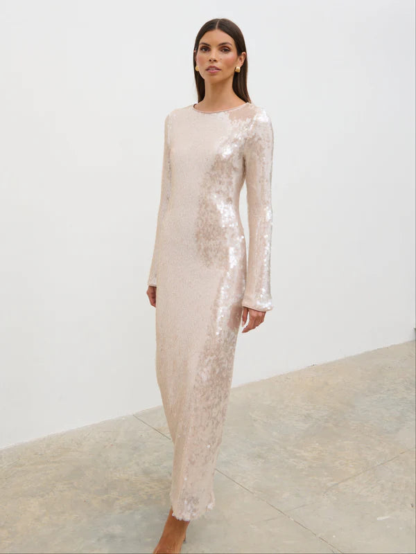 Lyra Long Sleeve Sequin Midaxi Dress (Oyster)