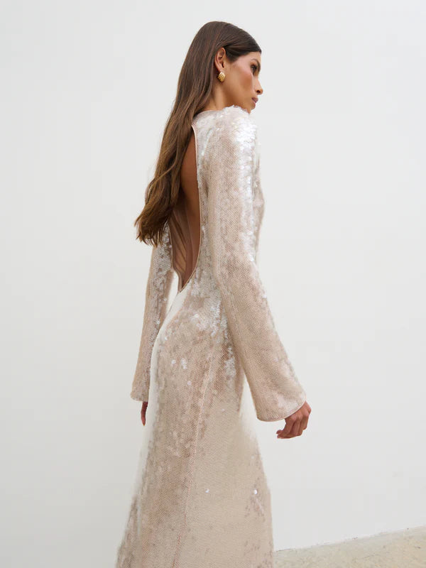 Lyra Long Sleeve Sequin Midaxi Dress (Oyster)