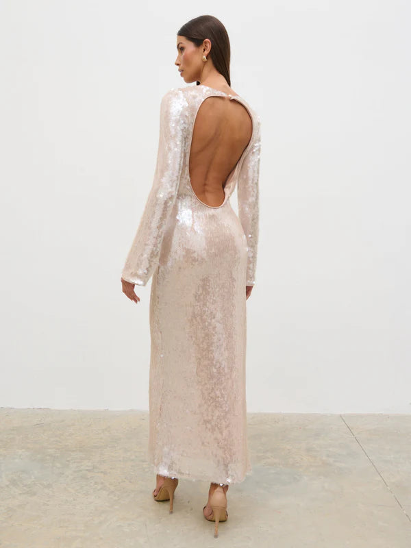 Lyra Long Sleeve Sequin Midaxi Dress (Oyster)