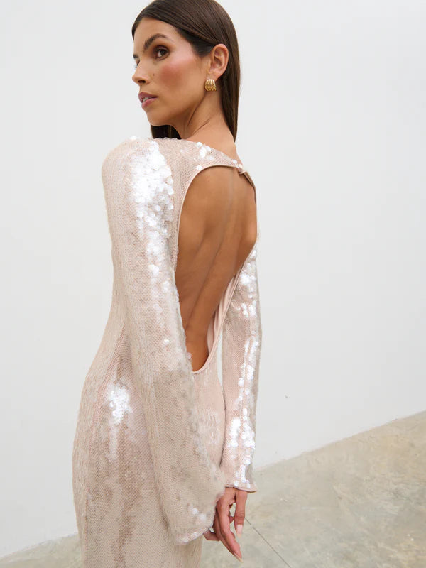 Lyra Long Sleeve Sequin Midaxi Dress (Oyster)