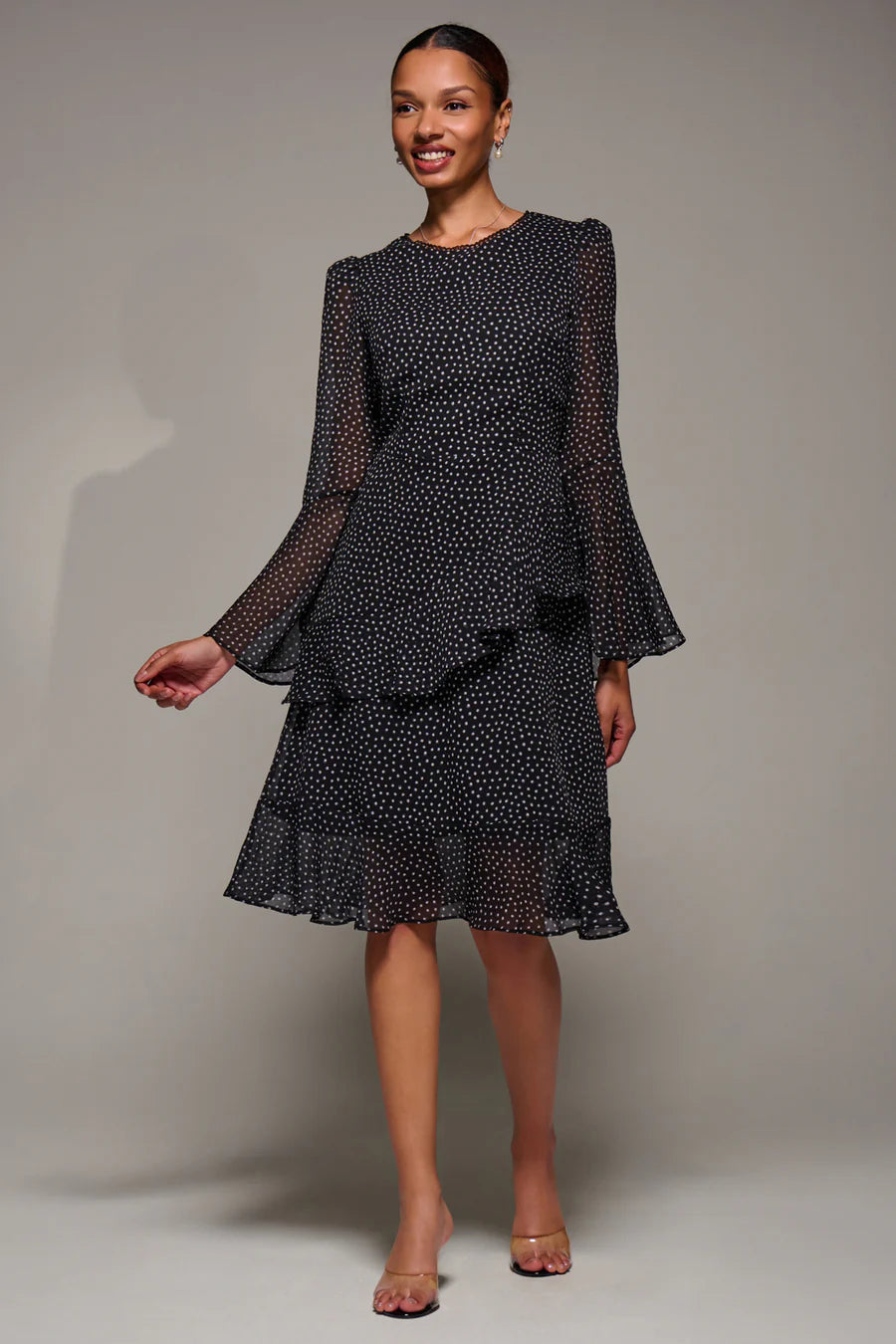 Long Sleeve Frill Chiffon Knee-Length Dress (Black Spot)