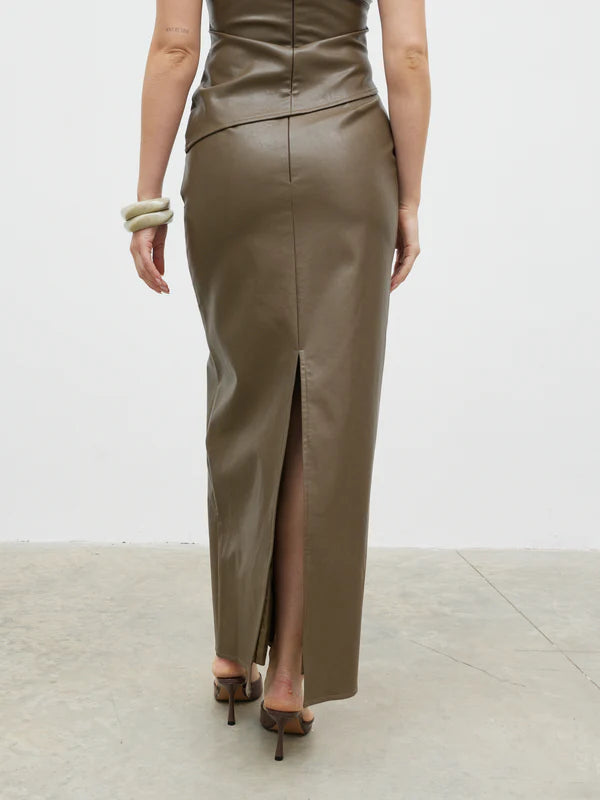 Maeve Faux Leather Maxi Skirt (Khaki)