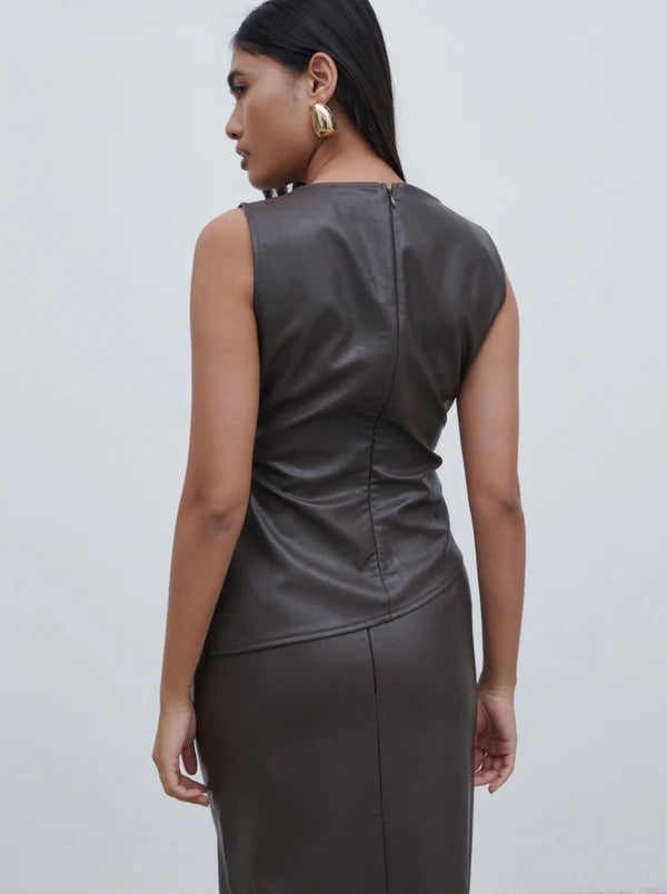 Maeve High Neck Faux Leather Top (Dark Chocolate Brown)