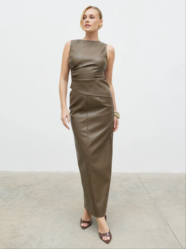 Maeve High Neck Faux Leather Top (Khaki)