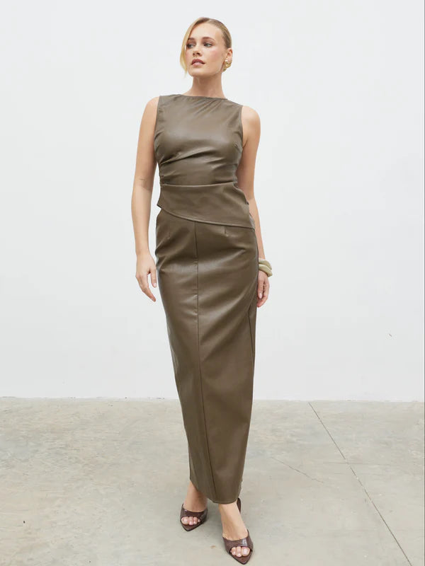 Maeve Faux Leather Maxi Skirt (Khaki)