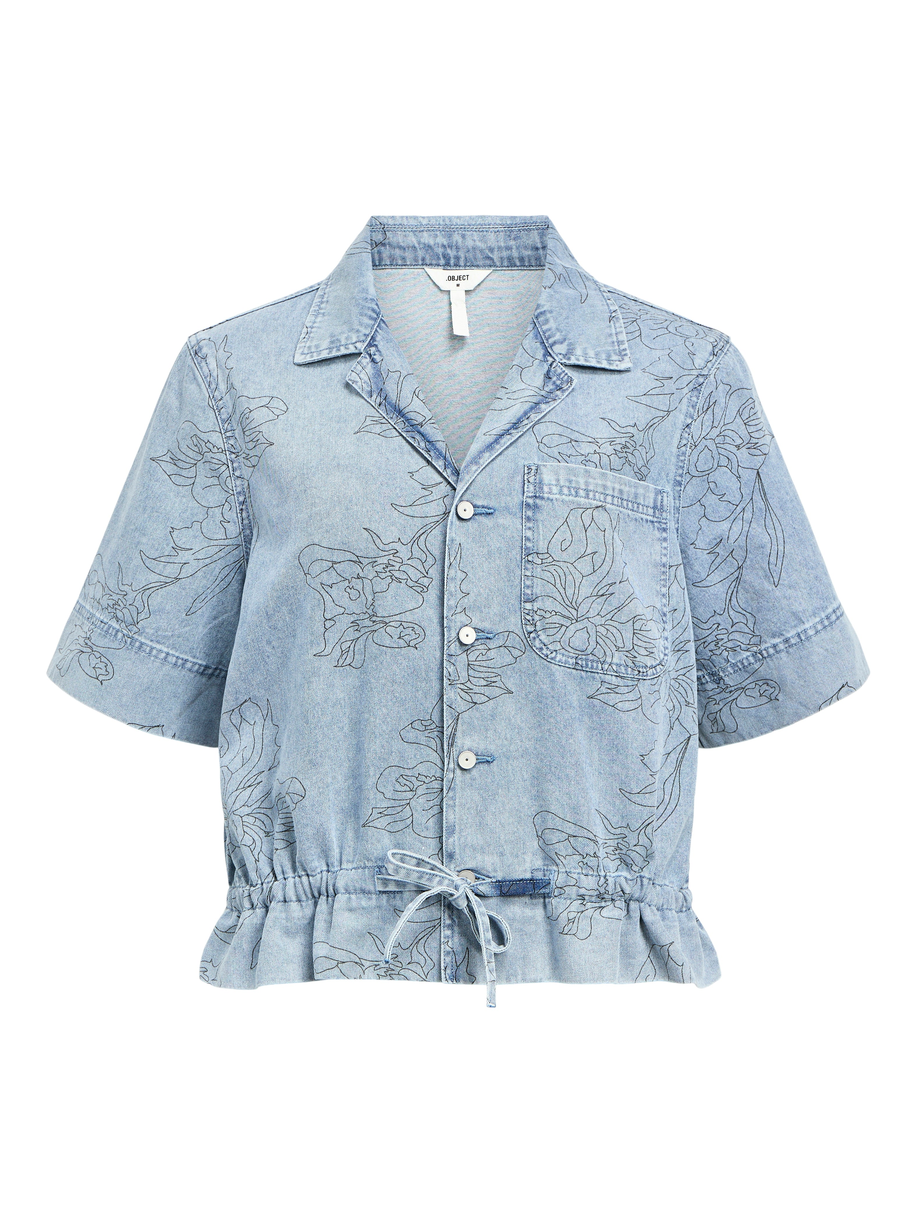 Farah Short Sleeve Printed Denim Top (Light Blue/Black)