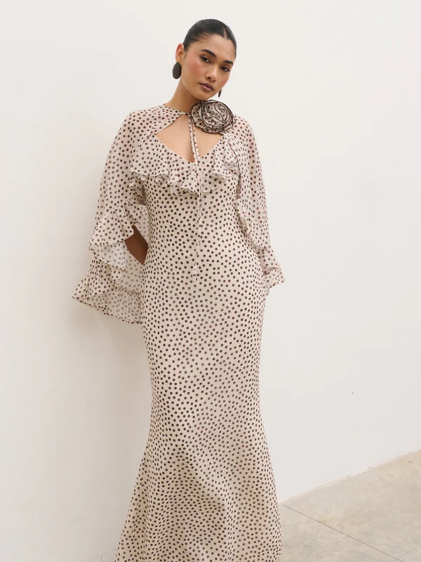 Oriana Cape Maxi Dress (Cream/Brown)