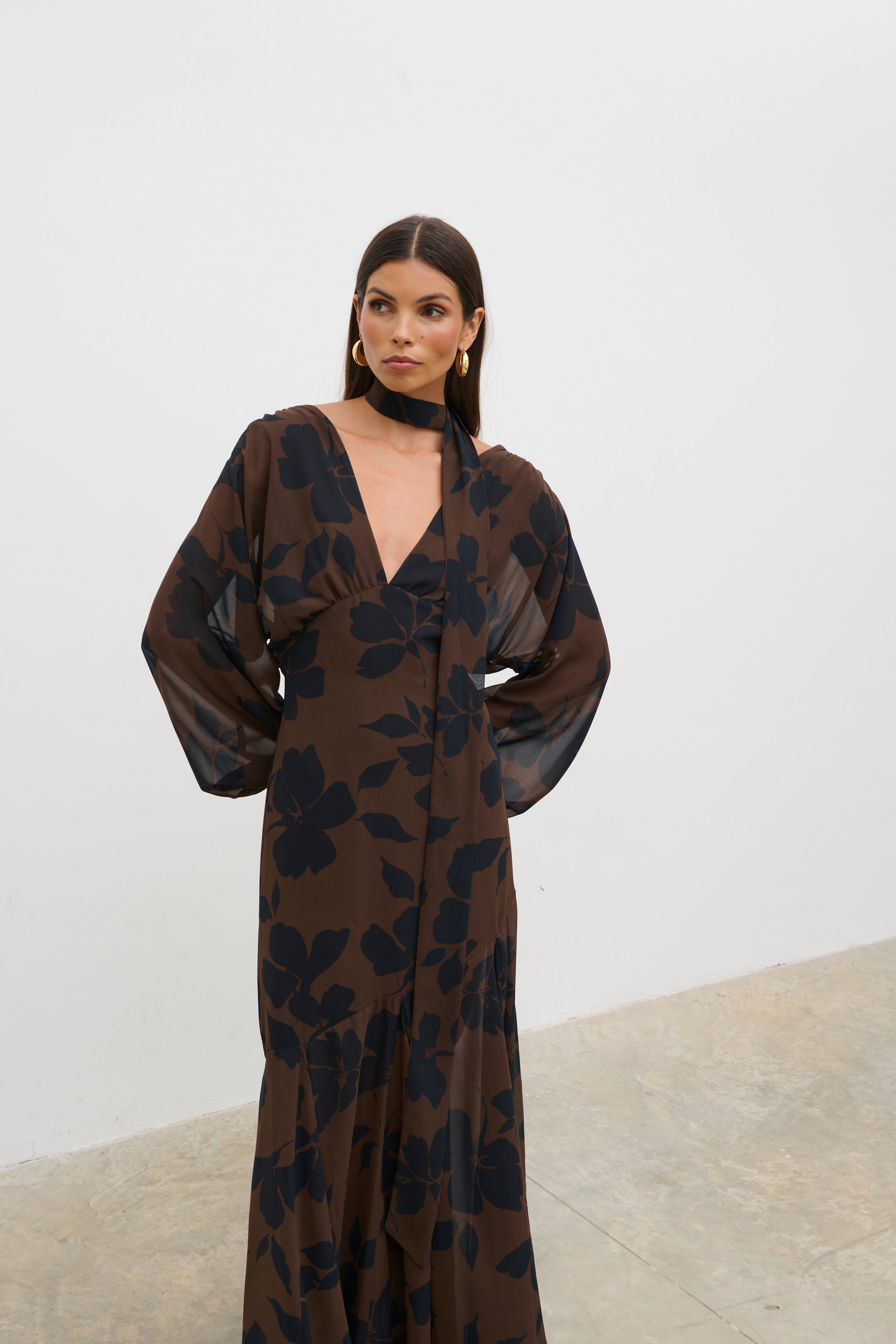 Petula Batwing Scarf Maxi Dress (Brown)