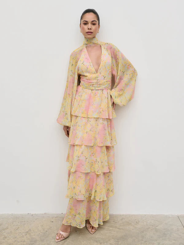 strapless open back dress Multicolor Strapless Floral High Low Bubble Hem Gown main image 0