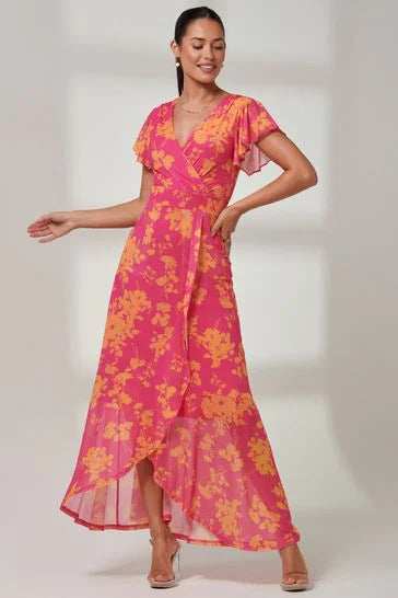 Gisselle Ruffle Hem Maxi Dress (Pink Floral)