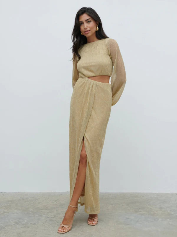 Rae Long Sleeve Cut Out Maxi Dress (Metallic Gold)