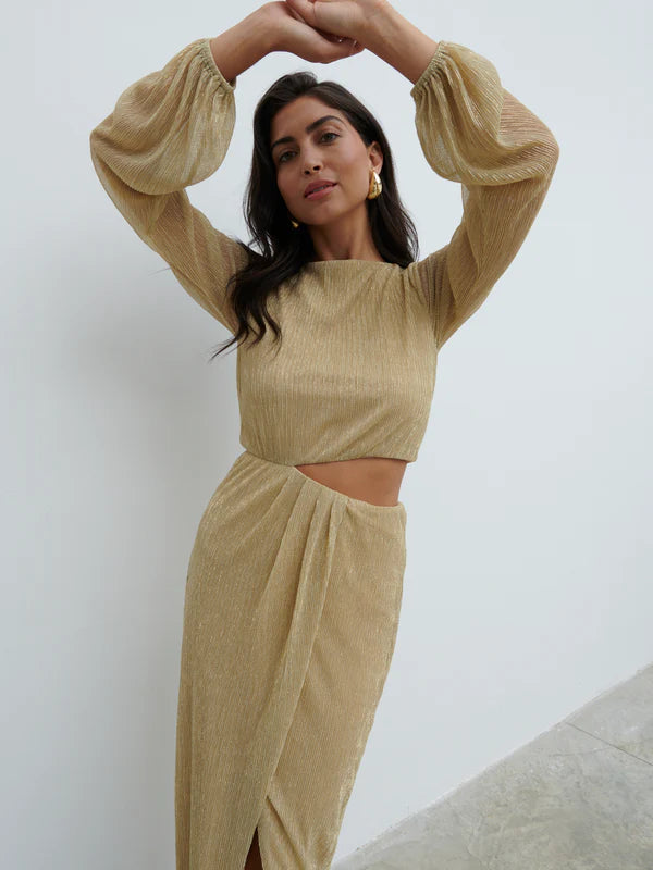 Rae Long Sleeve Cut Out Maxi Dress (Metallic Gold)