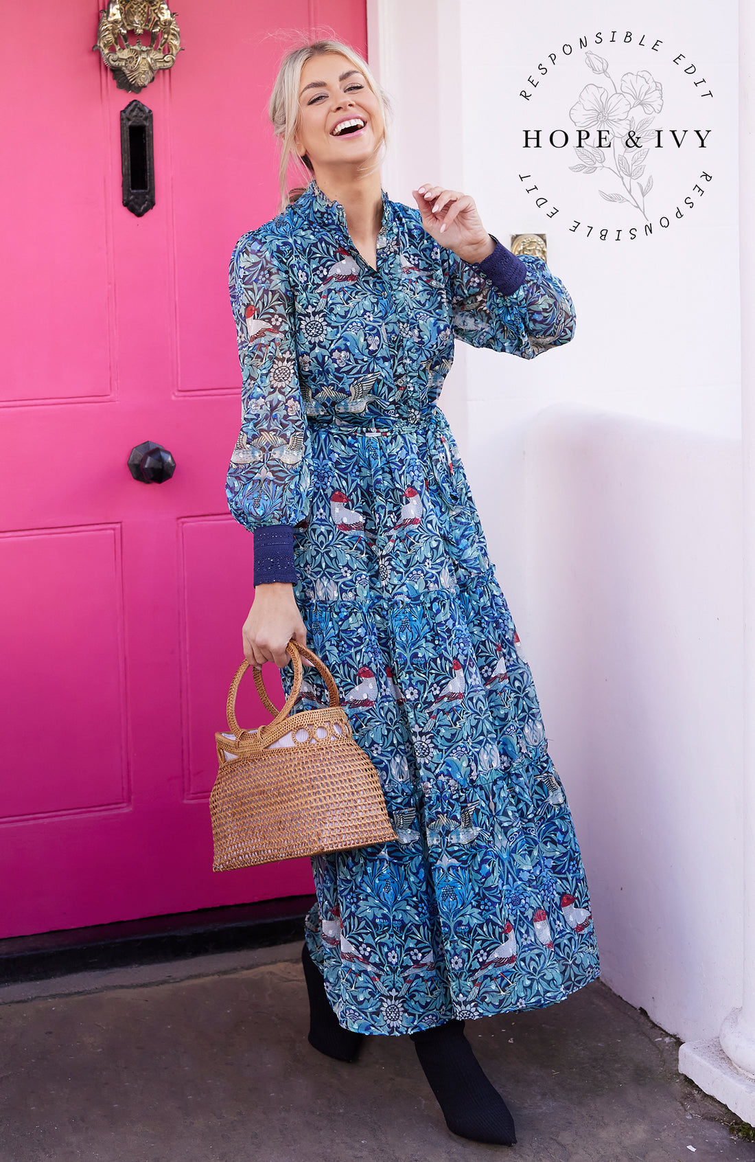 The Emery Button Front Tie Waist Maxi Dress (Blue)