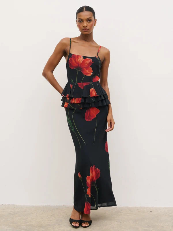 Rose Peplum Maxi Dress (Red Floral)
