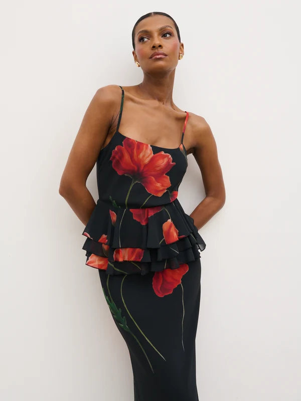 Rose Peplum Maxi Dress (Red Floral)