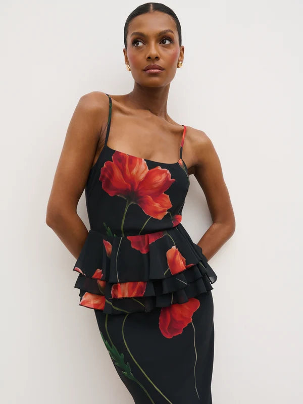 Rose Peplum Maxi Dress (Red Floral)