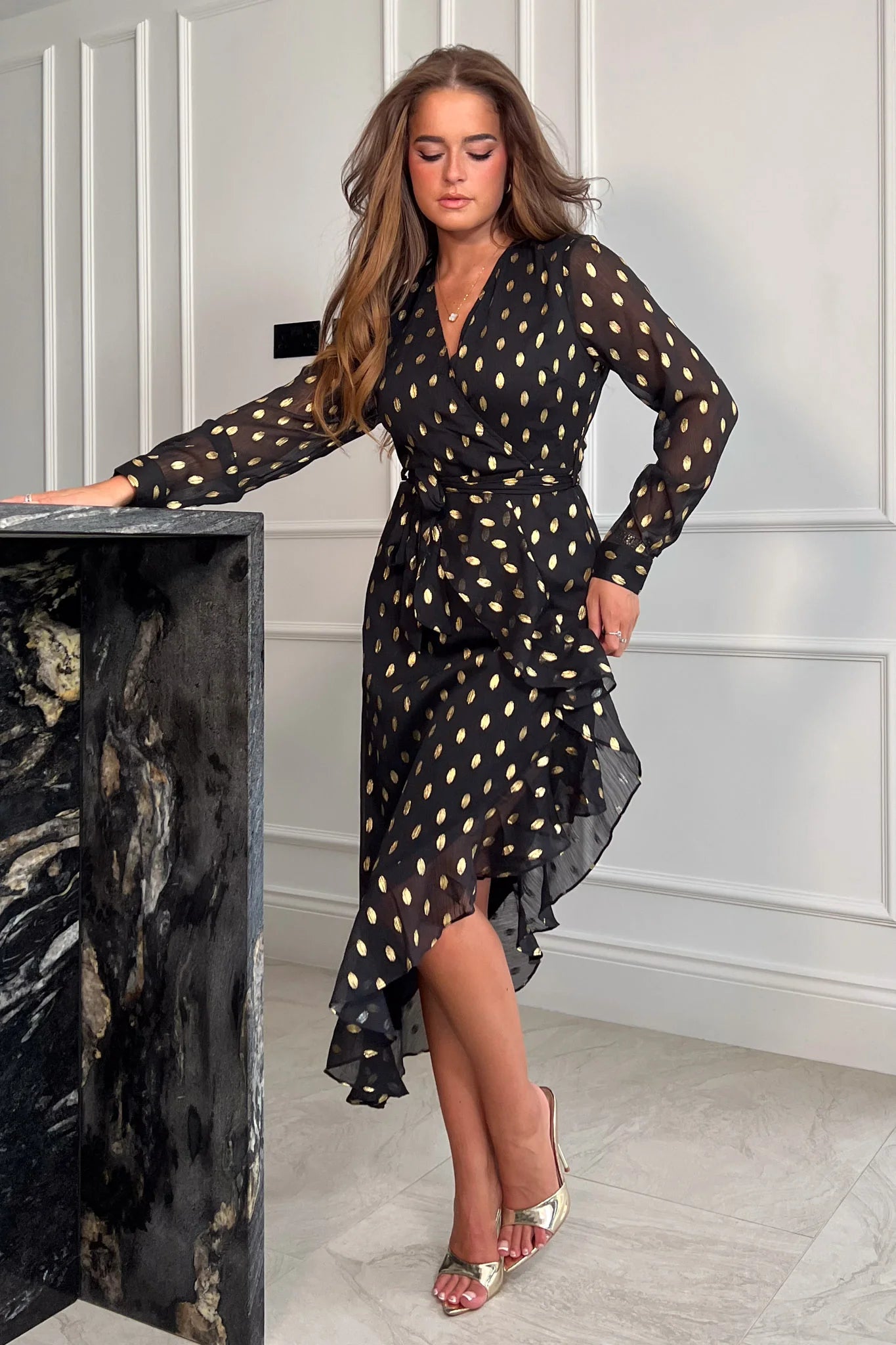 TANYA ASYMMETRIC MIDI DRESS (BLACK & GOLD)