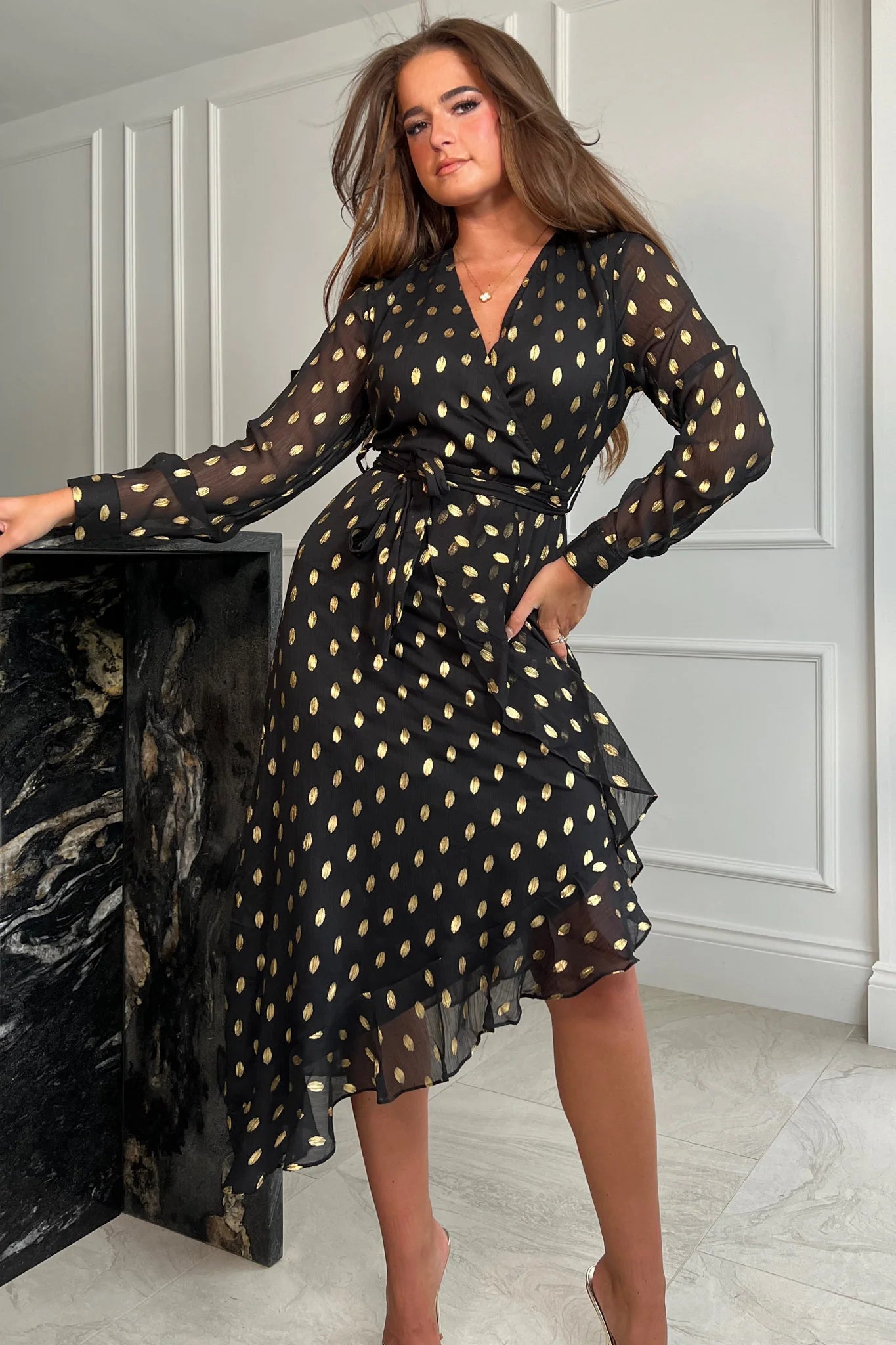 TANYA ASYMMETRIC MIDI DRESS (BLACK & GOLD)