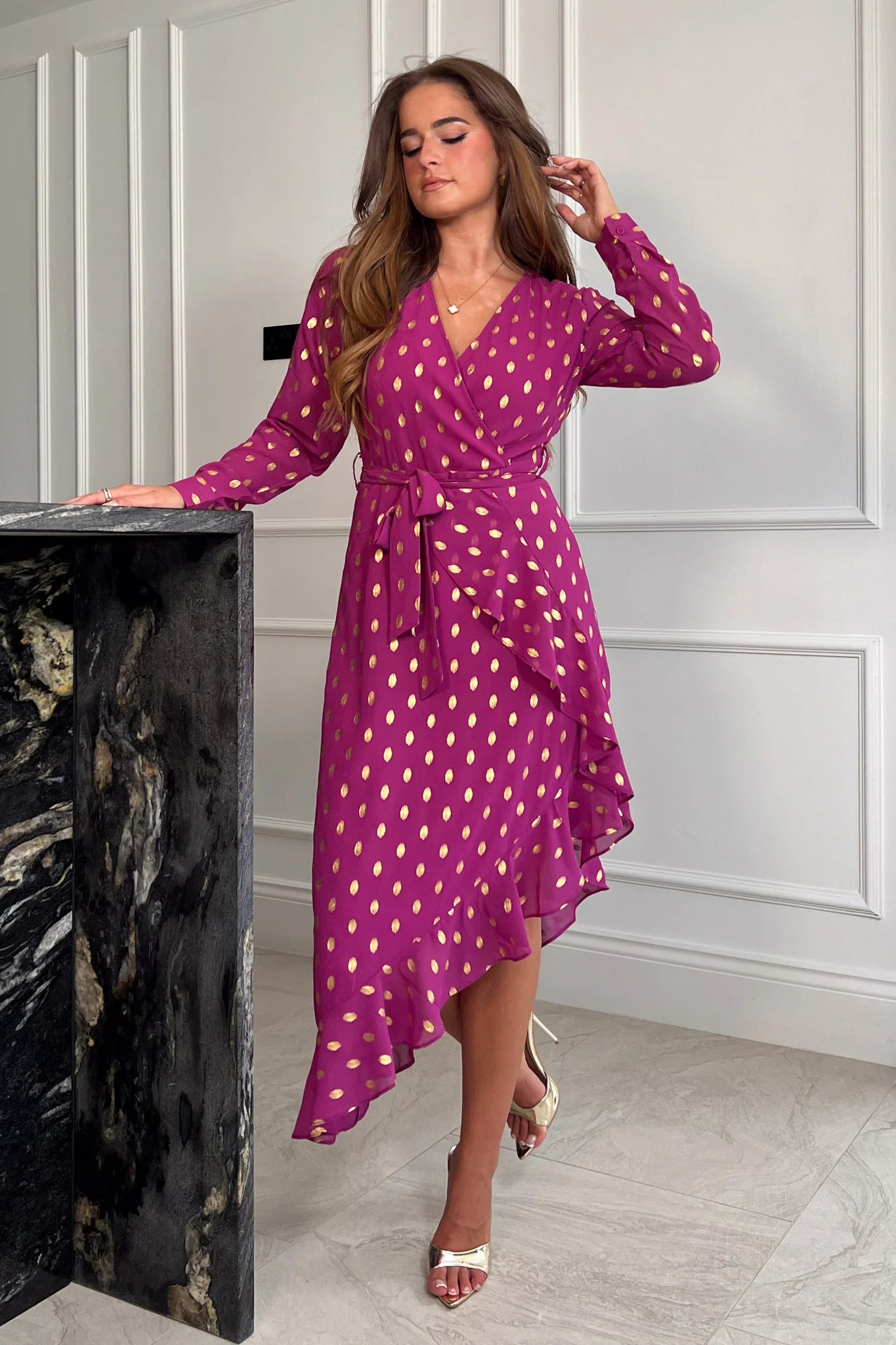 TANYA ASYMMETRIC MIDI DRESS (PLUM & GOLD)