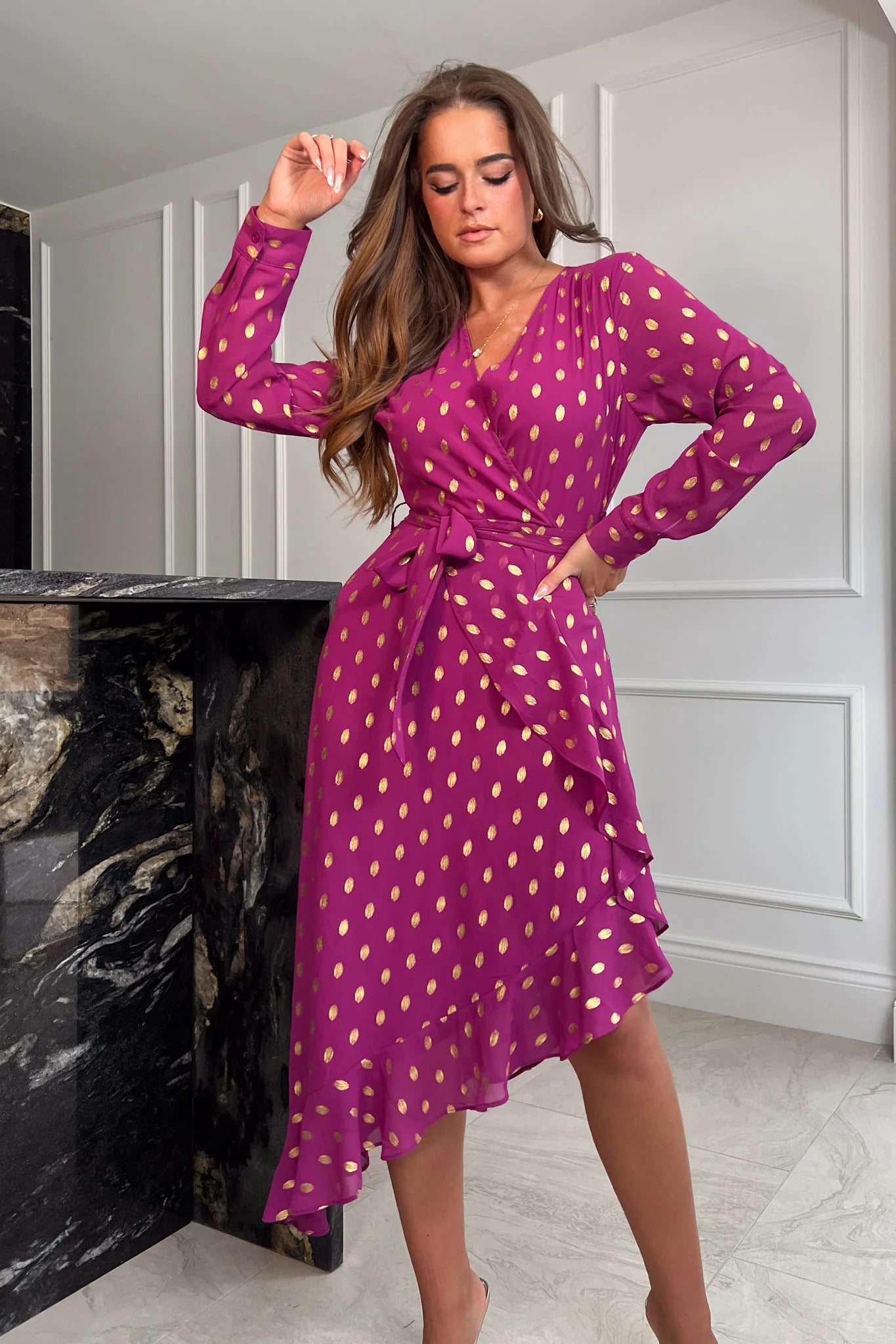 TANYA ASYMMETRIC MIDI DRESS (PLUM & GOLD)