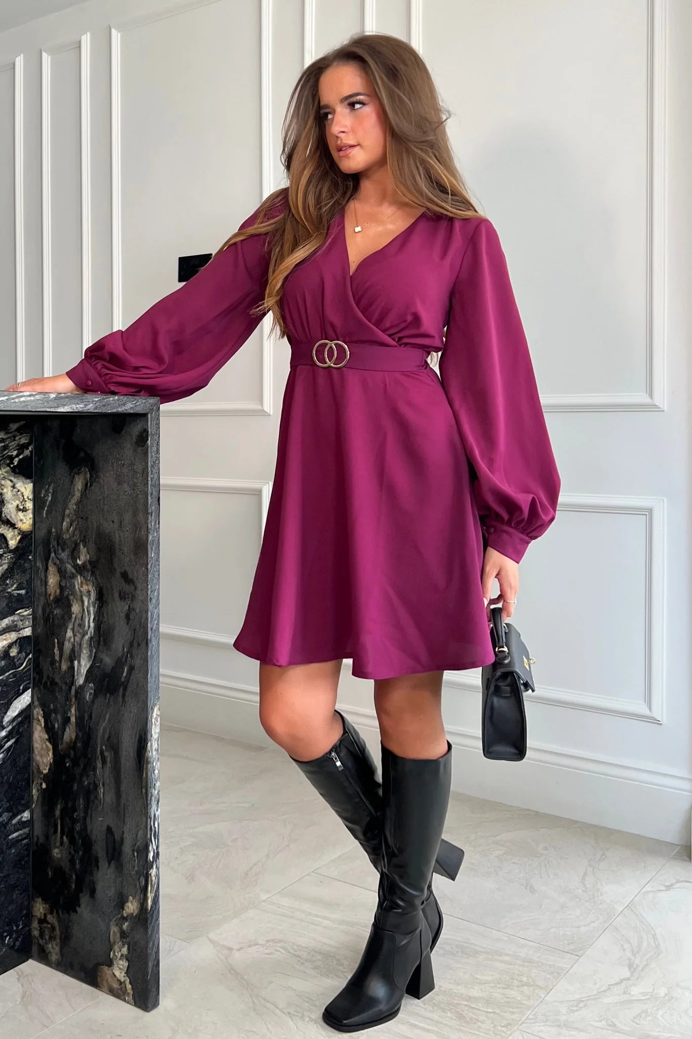 skater dress long sleeve FLORETTA LONG SLEEVE BUCKLE SKATER DRESS (BERRY) | Love Cherish