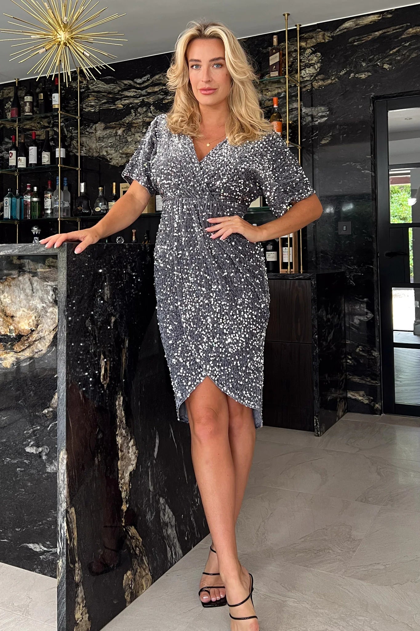 NOVAH SILVER VELVET SEQUIN FAUX WRAP MIDI DRESS | Love Cherish NOVAH SILVER VELVET SEQUIN FAUX WRAP MIDI DRESS | Love Cherish
