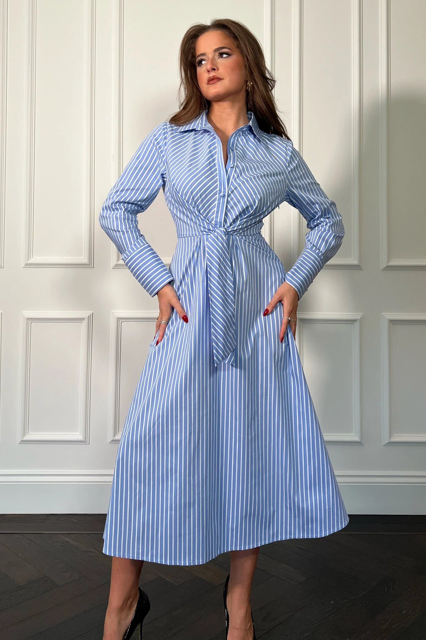 ISABELLA PIN STRIPE TIE FRONT DRESS (BLUE)