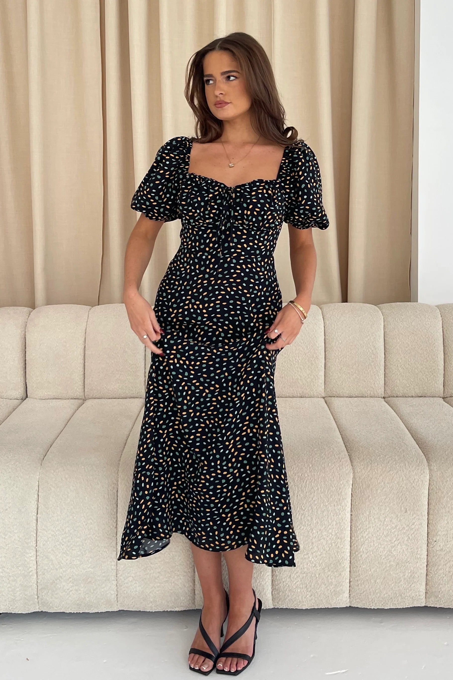 Jemima Square Neck Midi Dress (Black/Multi)