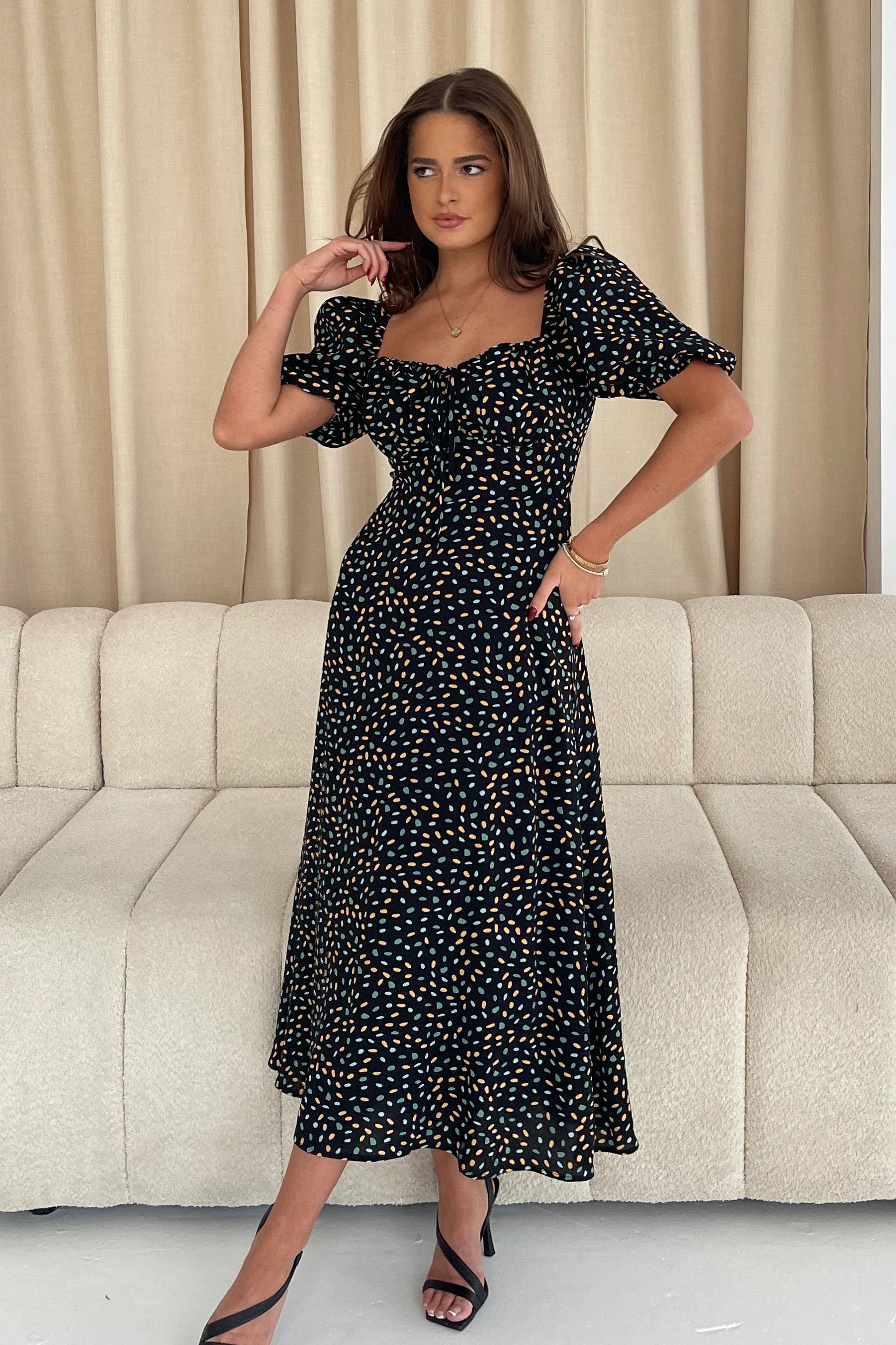 Jemima Square Neck Midi Dress (Black/Multi)