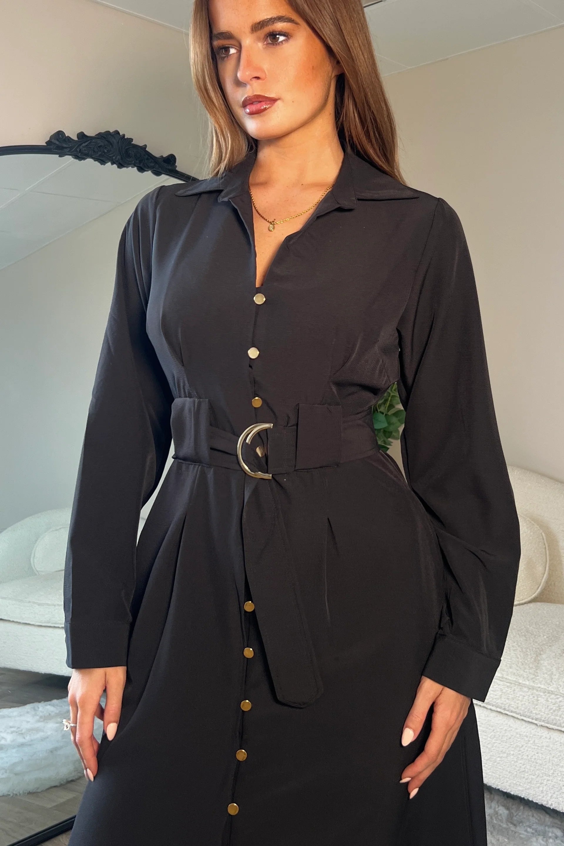 Grace Buckle Detail Shirt Dress (Black)
