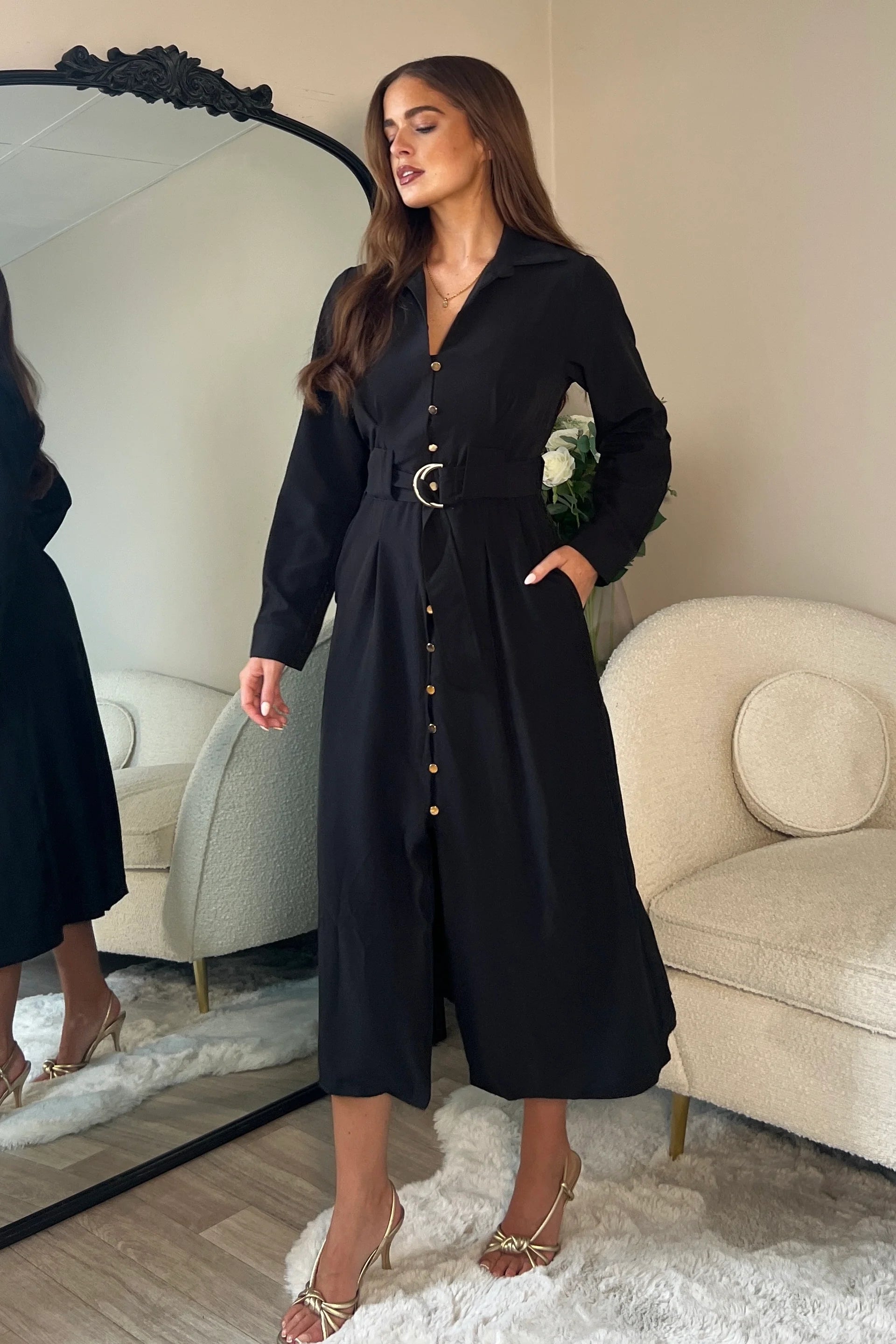 Grace Buckle Detail Shirt Dress (Black)