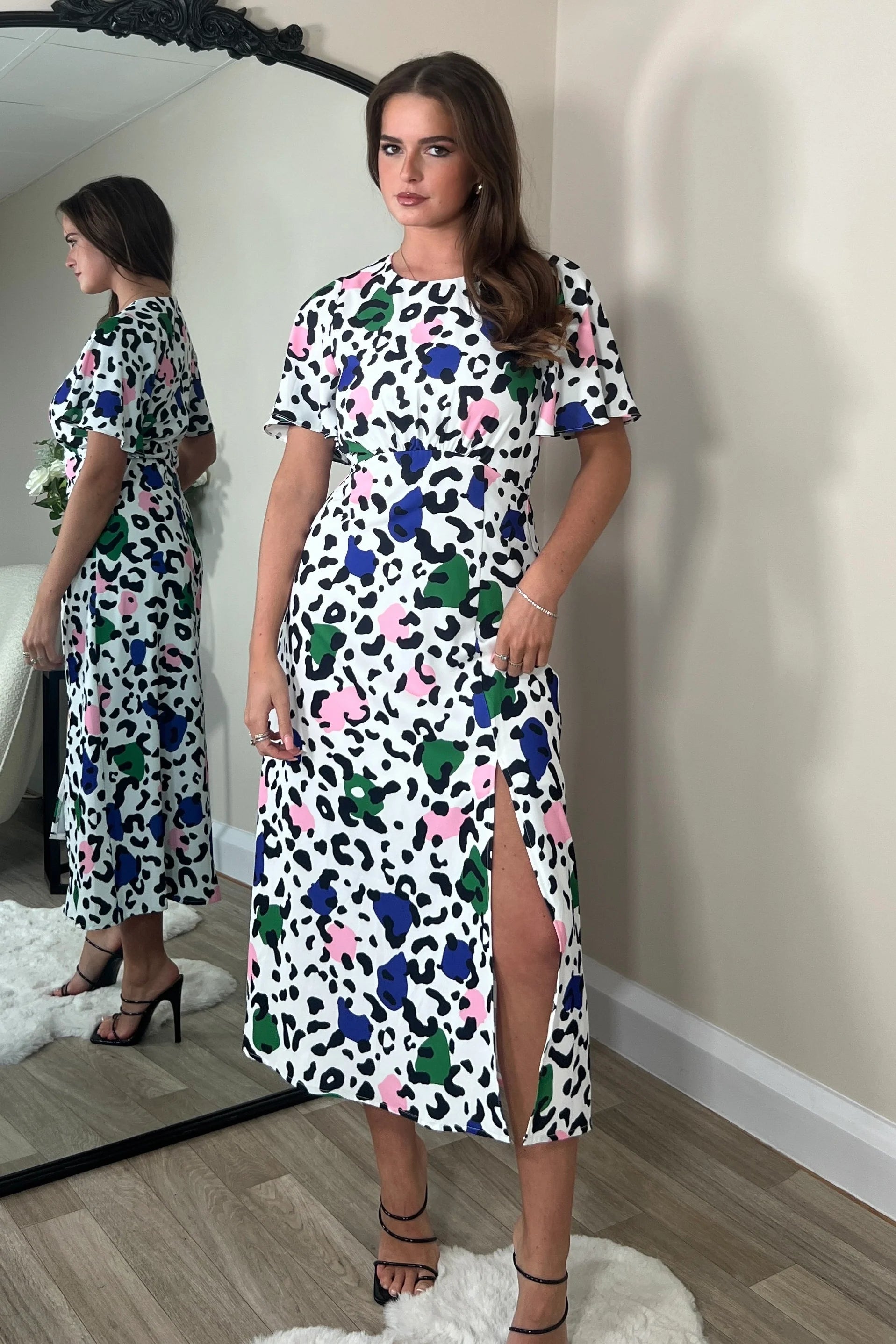 britney angel sleeve midi dress Britney Angel Sleeve Split Leg Midi Dress Leopard Multi Print | Girl In Mind