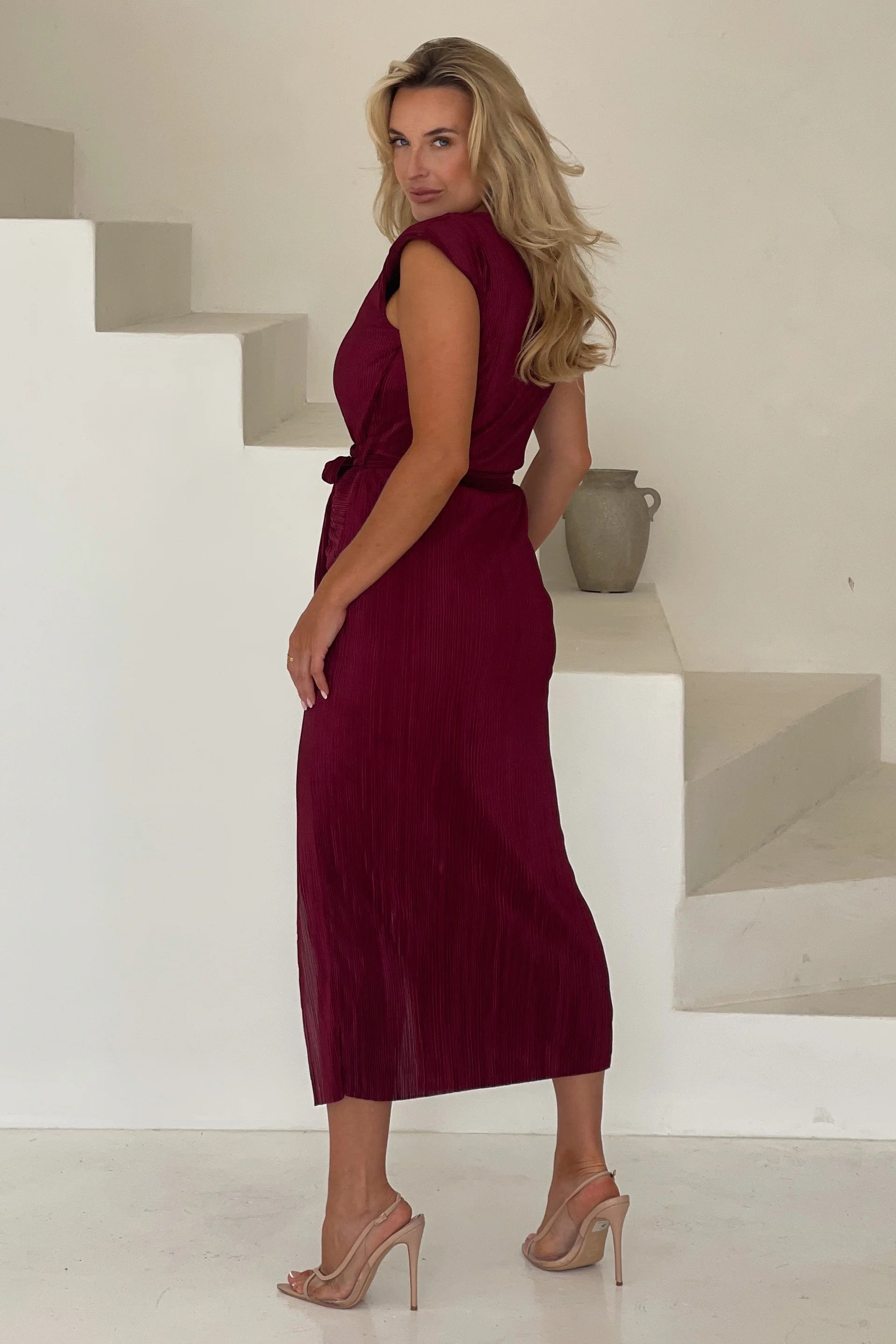 Elena Ruched Seamed Midi Dress (Wine)