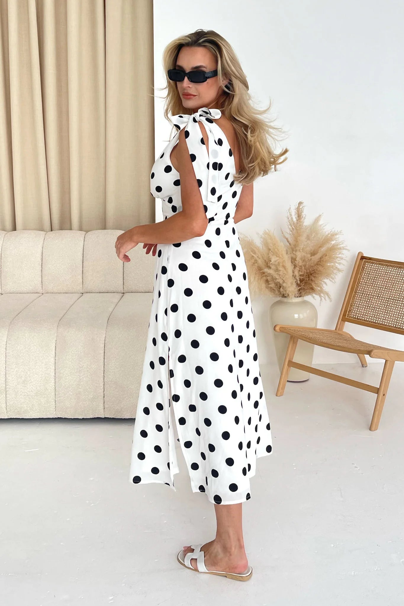 Beverly Tie Shoulder Midi Dress (White/Black Dot)